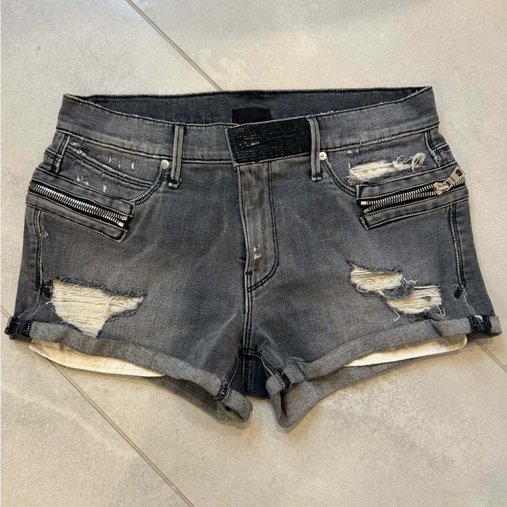 RTA Distressed Gray Denim Shorts with Zipper Accents